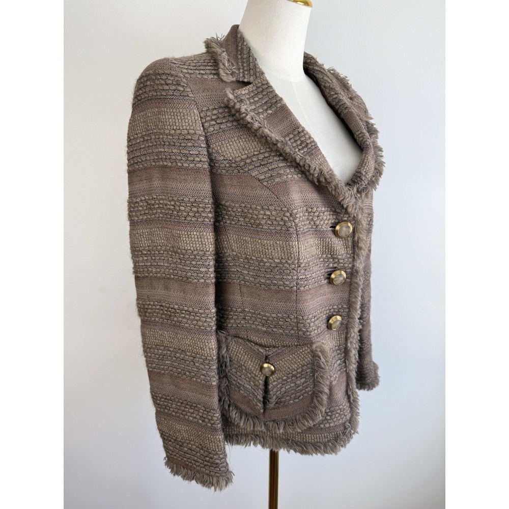 VTG Elegance Paris Plaid Button‎ Blazer Women's Medium Wool Blend Fringe Jacket